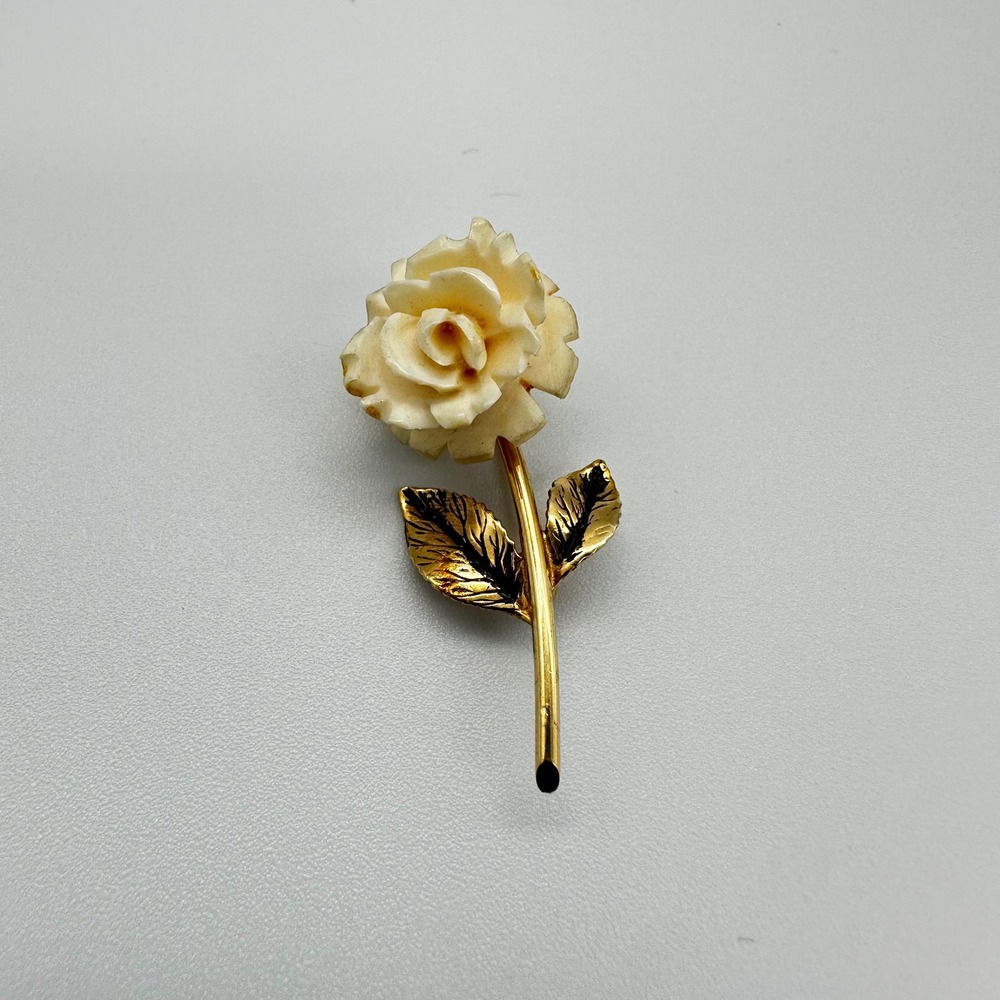 Danecraft Vintage Rose Brooch Cream Gold Tone Floral Pin Signed Carved Flower